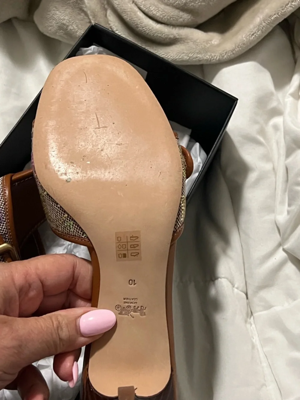 Coach Tan Leather Slide Sandals with Multicolor Woven Strap - Picture 3 of 12